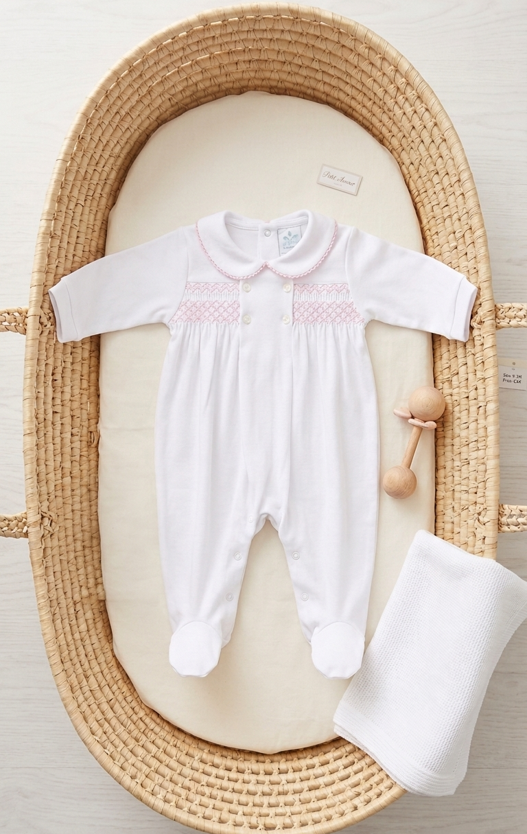 Pelele punto smock Blanco/Rosa