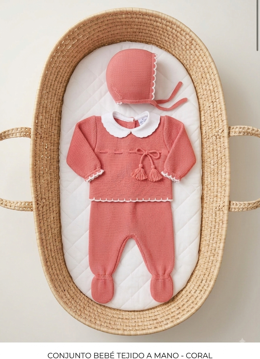 Conjunto de punto Leonor color coral de 3 piezas