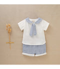 Conjunto bebé niño de camisa estilo marinero y pantalón corto vichy blanco y marino