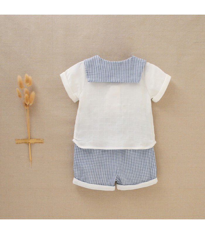 Conjunto bebé niño de camisa estilo marinero y pantalón corto vichy blanco y marino