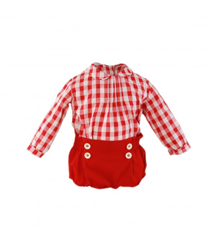 Conjunto Bebé Niño camisa cuadros rojos y blancos y pololo rojo Miranda