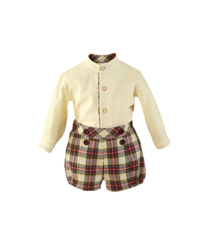 Conjunto Bebé Niño Camisa bambula color crudo y pantalón cuadros granate