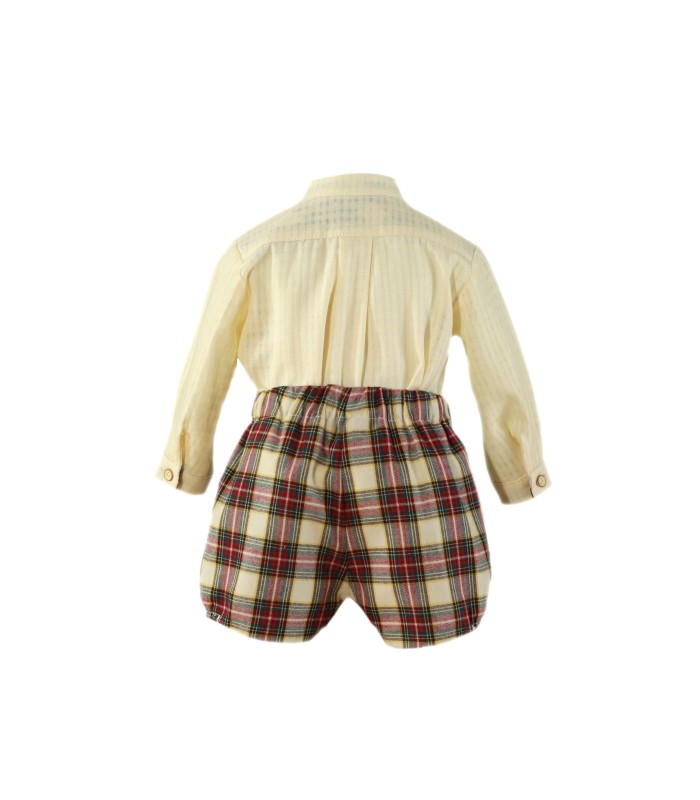 Conjunto Bebé Niño Camisa bambula color crudo y pantalón cuadros granate
