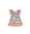 Vestido Bebé cuadros azules y vichy naranja fluor con dbujos estampados