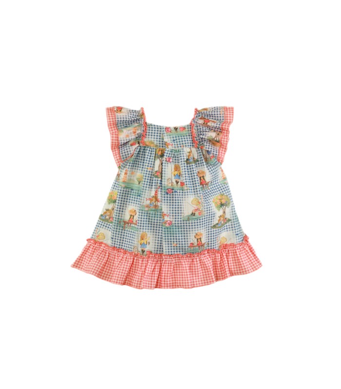 Vestido Bebé cuadros azules y vichy naranja fluor con dbujos estampados