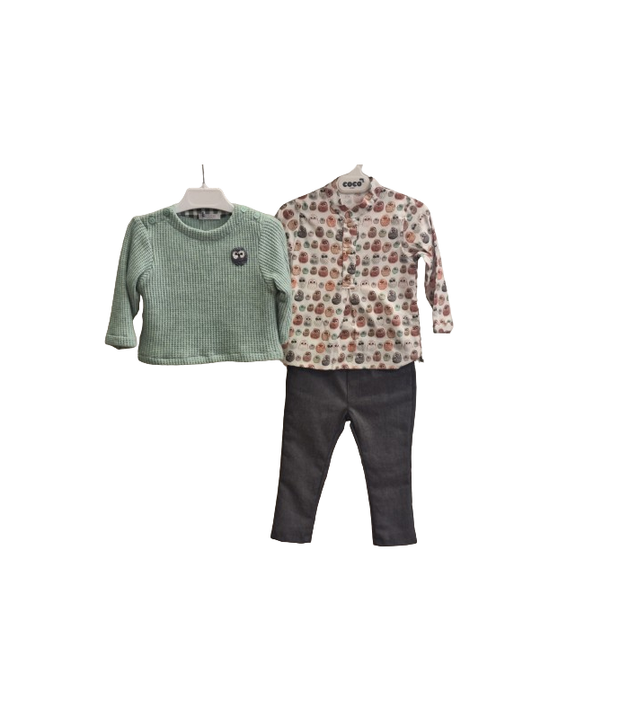 Conjunto Coco Acqua Modelo Búho  Bebé Niño pantalón, camisa y jersey