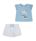 Conjunto Bebé nIña de camiseta azul estampada y short blanco calado Modelo  Calima