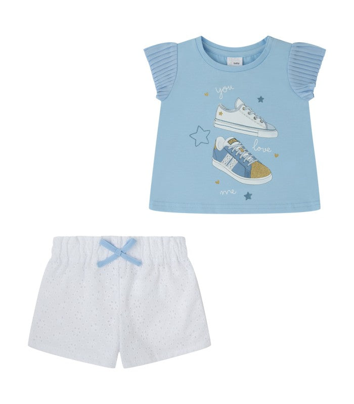 Conjunto Bebé nIña de camiseta azul estampada y short blanco calado Modelo  Calima