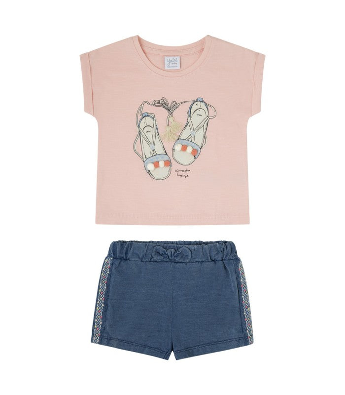 Conjunto bebé niña de camiseta rosa y short demin suave