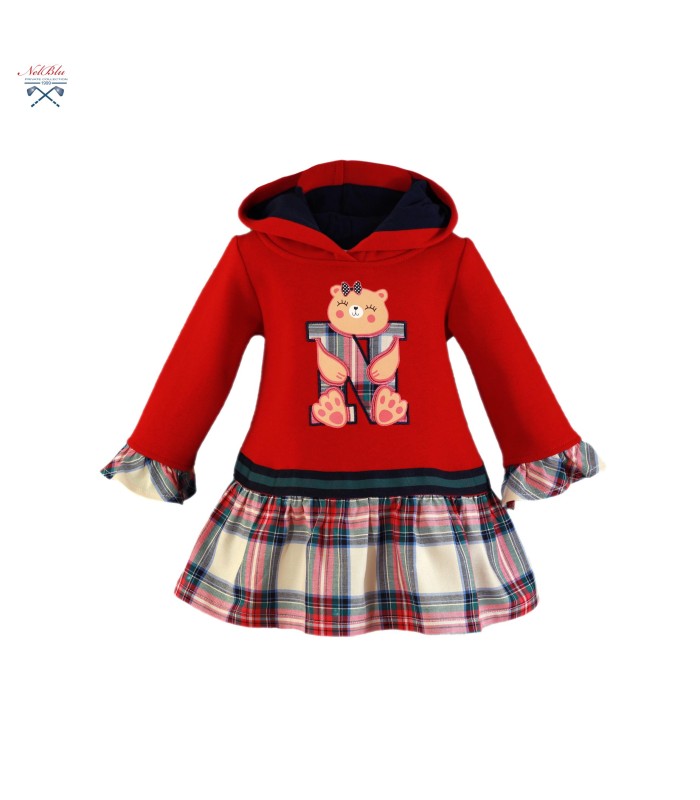 Red Bear Model Baby Girl Dress with Plaid Skirt and Hood