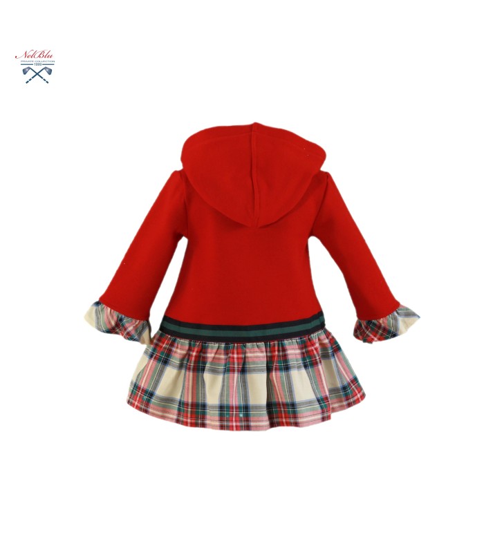 Red Bear Model Baby Girl Dress with Plaid Skirt and Hood