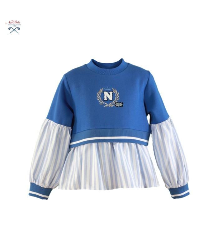 Sudadera NIña azul efecto camisa de rayas