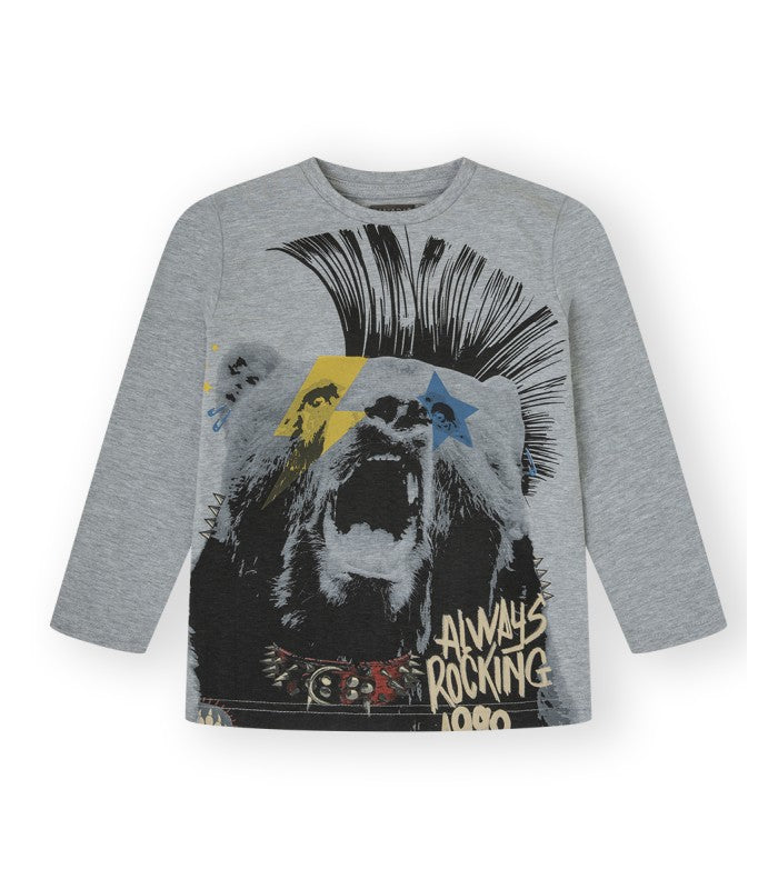 Camiseta niño gris estampada manga larga. Modelo Bear