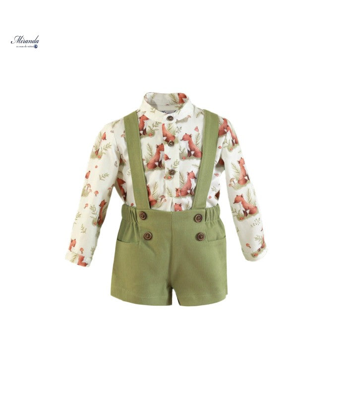 Conjunto Bebé Niño de camisa estampada y pantalón verde con tirantes