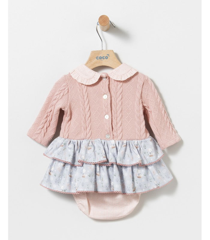 Baby girl's pink knitted dress with a matching Liberty print skirt and bloomers by Coco Acqua