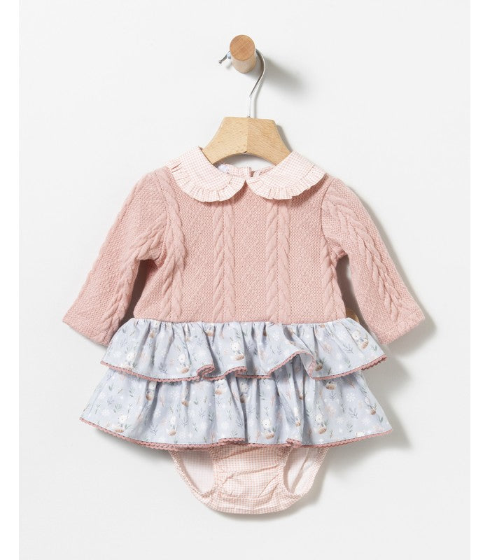 Baby girl's pink knitted dress with a matching Liberty print skirt and bloomers by Coco Acqua