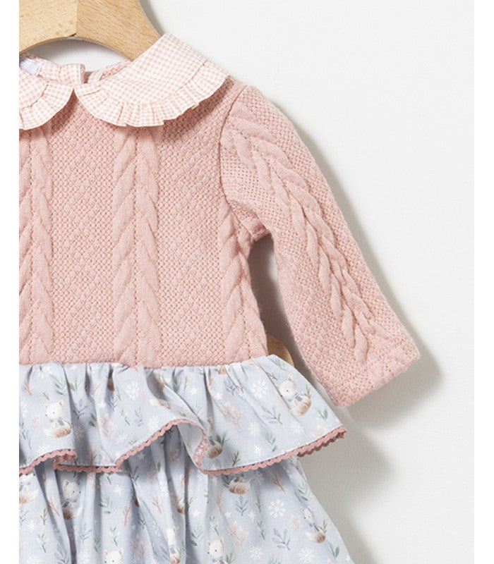 Baby girl's pink knitted dress with a matching Liberty print skirt and bloomers by Coco Acqua