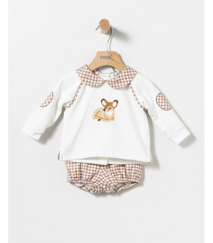 Conjunto bebé Niño de sudadera y bloomer de cuadros tostado