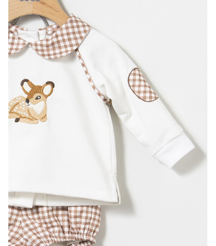Conjunto bebé Niño de sudadera y bloomer de cuadros tostado