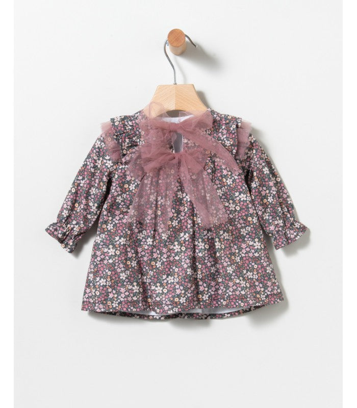 Vestido bebé niña de flores con chaleco de pelo rosa