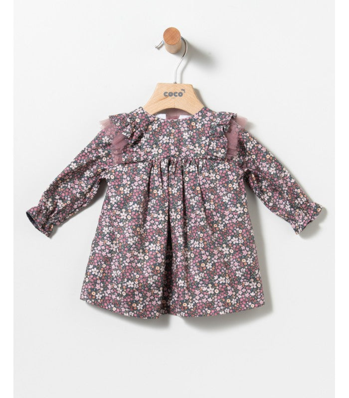 Vestido bebé niña de flores con chaleco de pelo rosa