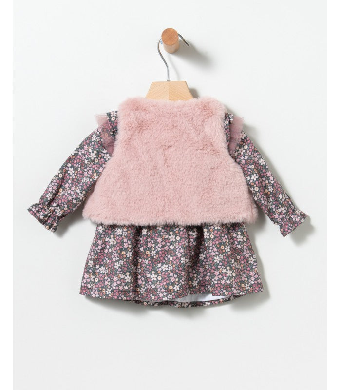 Vestido bebé niña de flores con chaleco de pelo rosa
