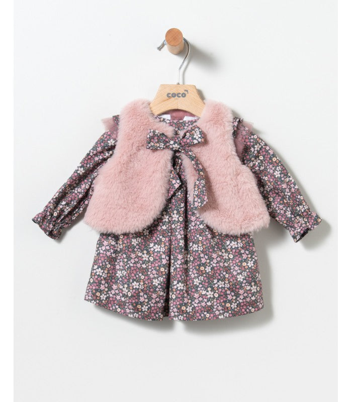 Vestido bebé niña de flores con chaleco de pelo rosa