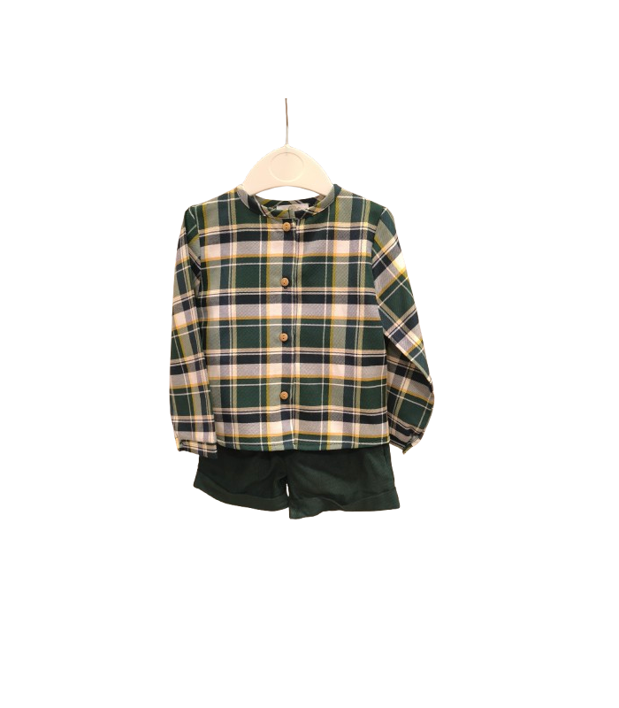 Conjunto bebé niño de camisa de cuadros verdes y pololo en sarga verde