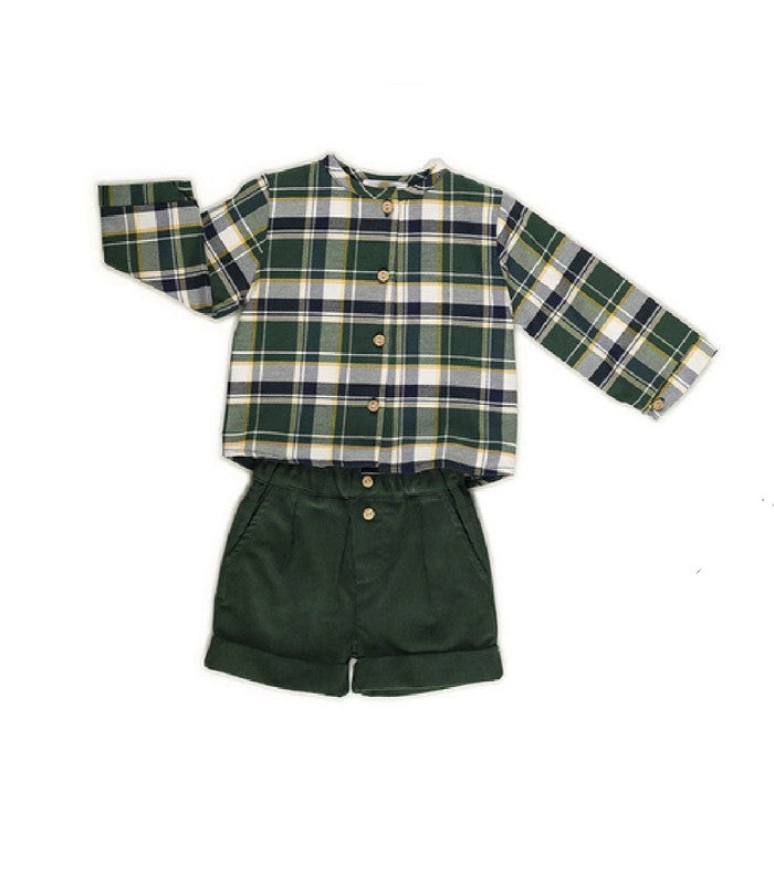 Conjunto bebé niño de camisa de cuadros verdes y pololo en sarga verde