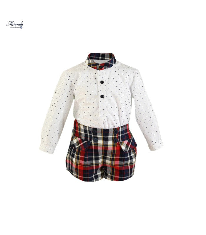 Conjunto bebé niño de camisa  blanca y pantalón corto de cuadros