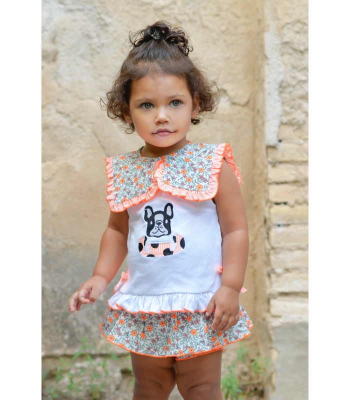 Conjunto bebé niña de camiseta y braguita con volantes. Modelo Dog