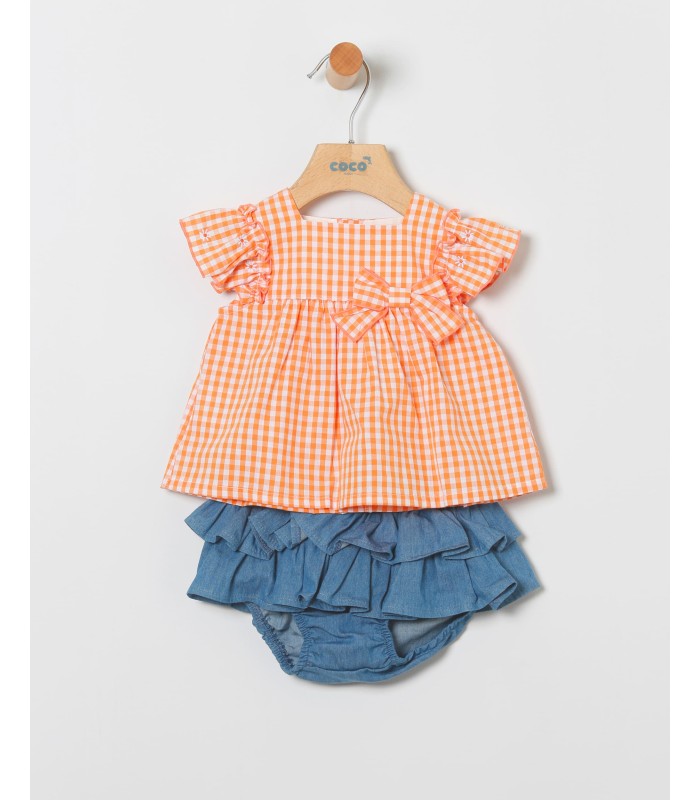 Conjunto bebé niña de blusa de cuadros y falda con volantes demin