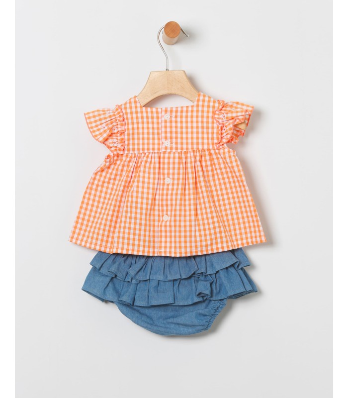 Conjunto bebé niña de blusa de cuadros y falda con volantes demin
