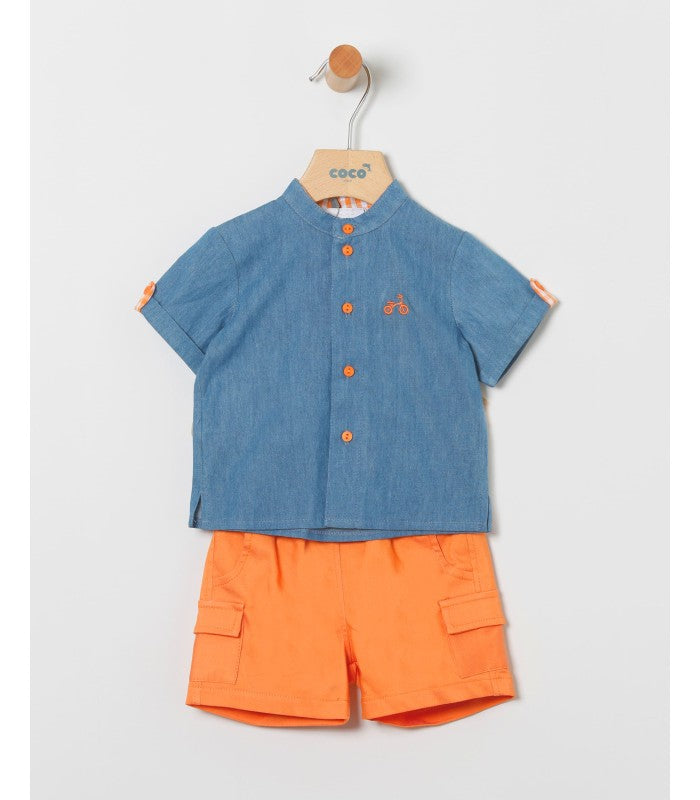 Conjunto bebé niño de camisa demin y bermuda naranja