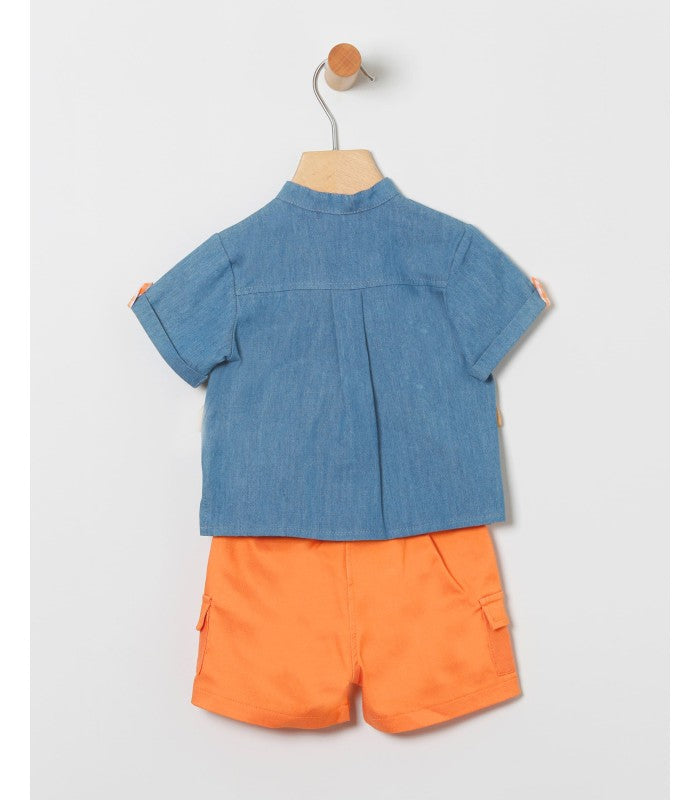 Conjunto bebé niño de camisa demin y bermuda naranja