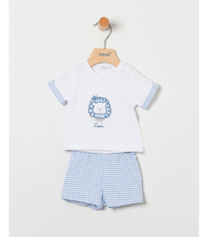 Conjunto bebé niño de camiseta con detalle y short en vichy azul