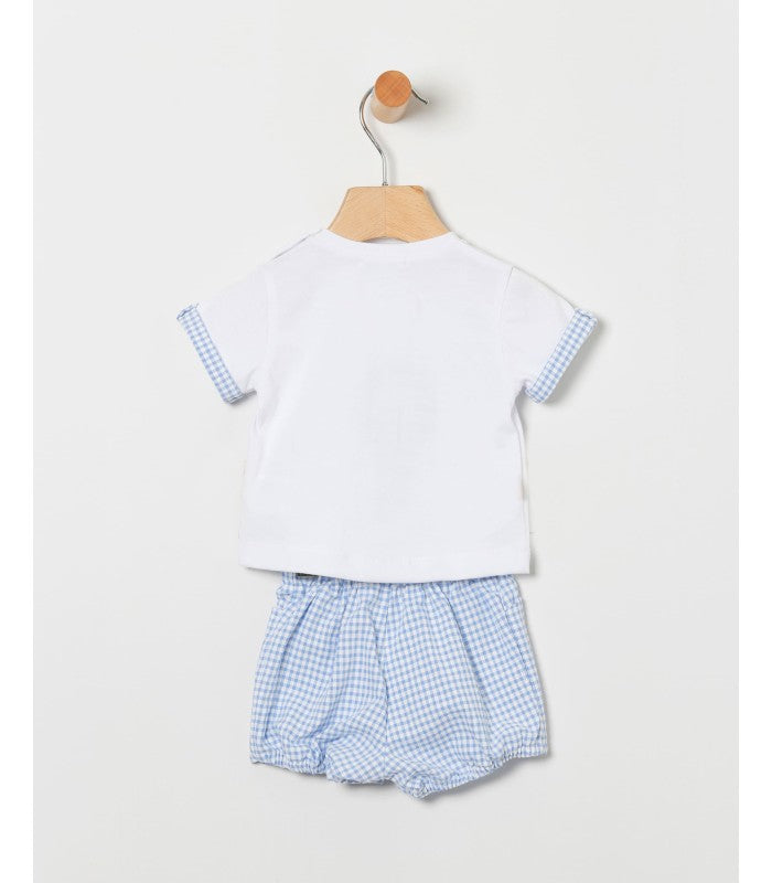 Conjunto bebé niño de camiseta con detalle y short en vichy azul