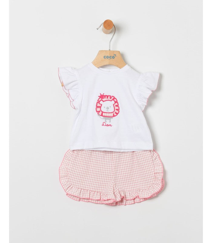 Conjunto bebé niña de camiseta con detalle y short vichy rosa