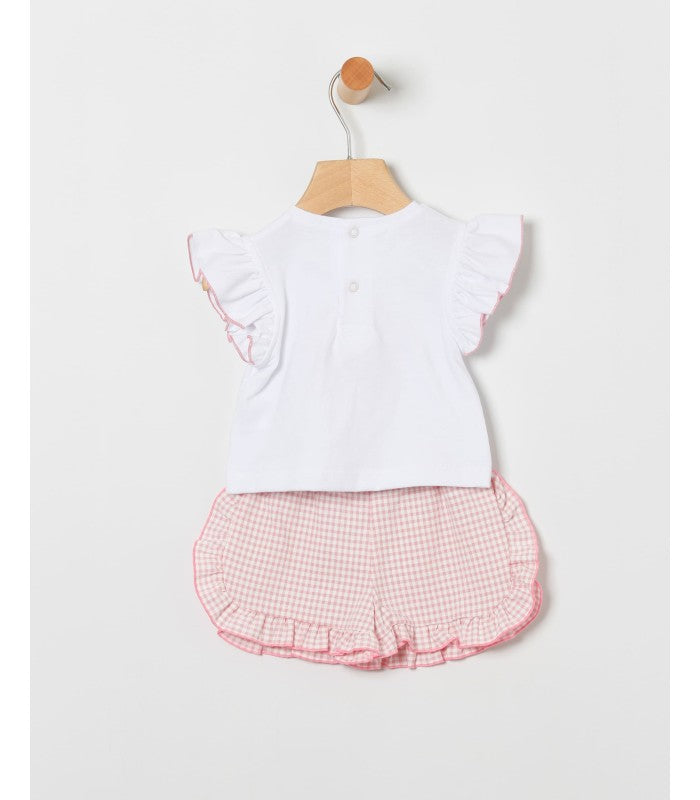 Conjunto bebé niña de camiseta con detalle y short vichy rosa