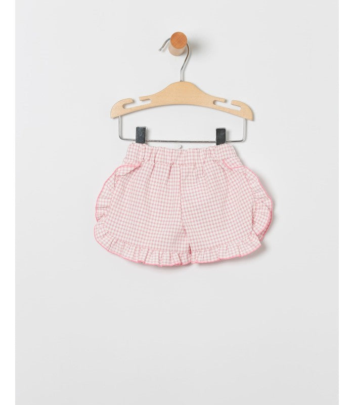 Conjunto bebé niña de camiseta con detalle y short vichy rosa
