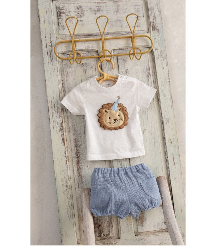 Conjunto Bebé niño de camiseta estampada y short de rayas azules
