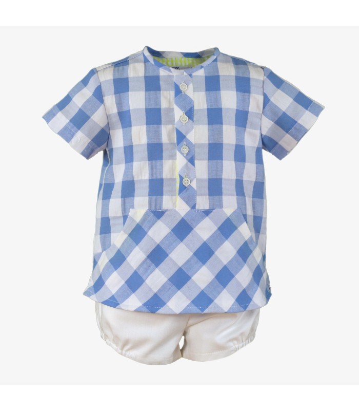 Conjunto bebé niño de camisa de cuadros blanco y azul y short blanco
