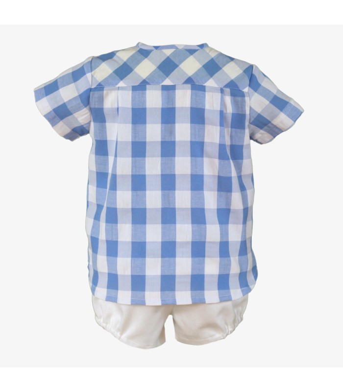 Conjunto bebé niño de camisa de cuadros blanco y azul y short blanco