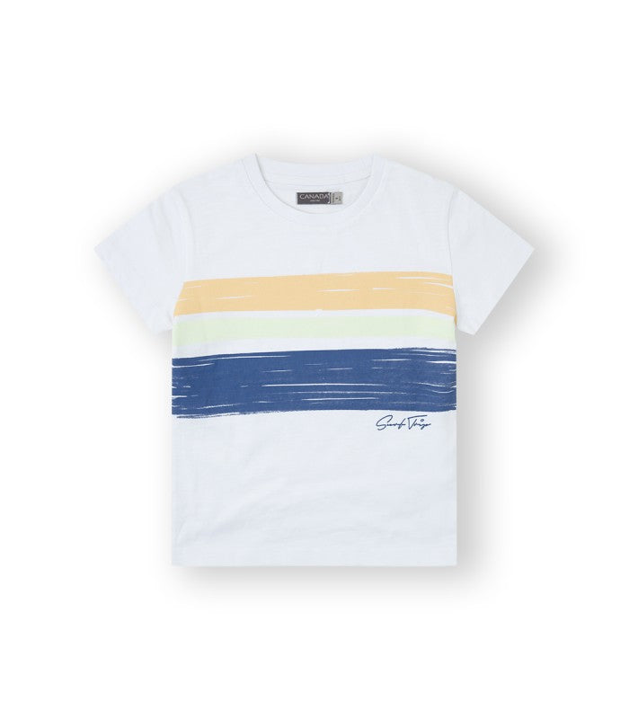 Camiseta para niño blanca con 3 franjas en color. Modelo Surf
