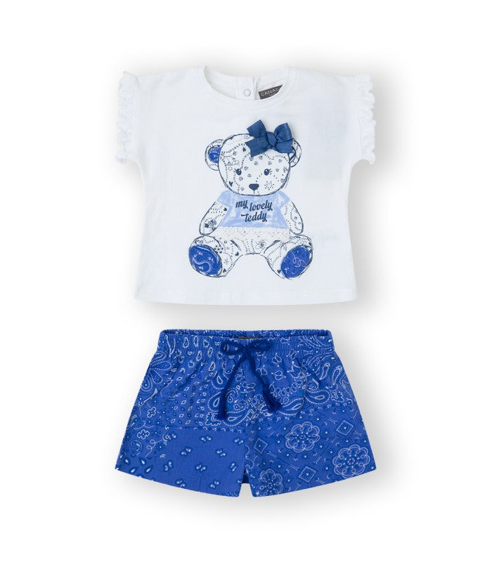 Conjunto bebé niña de camiseta y short azul. Modelo Teddy