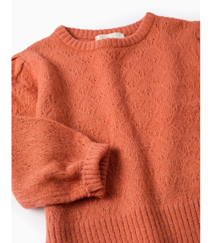 Jersey de Punto Calado y Hombros Caídos para Niña, Naranja