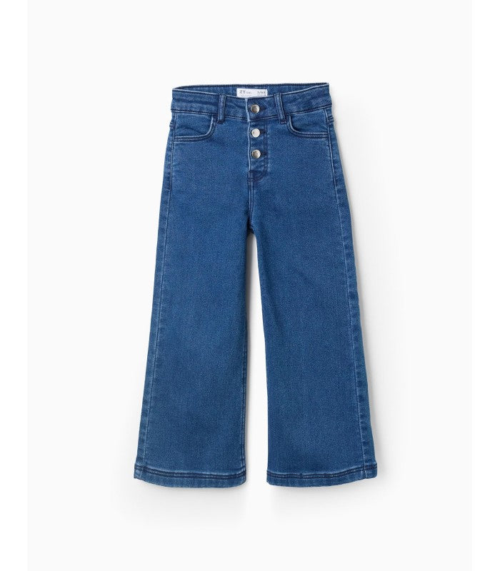 Pantalón Vaquero con Botones Plateados para Niña 'Wide Leg', Azul