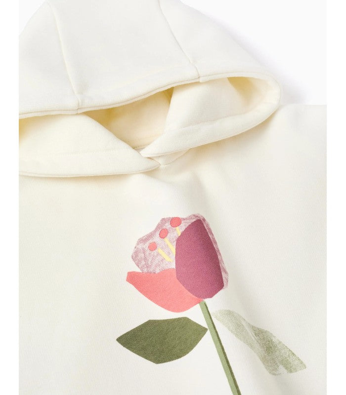 Sudadera perchada con capucha y estampado 'flor' para niña