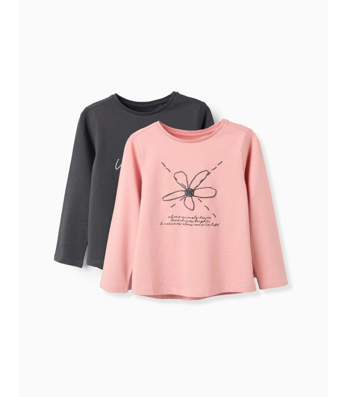 Lote de 2 Camisetas de Manga Larga para Niña 'Flower', Rosa/Gris