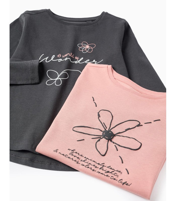 Lote de 2 Camisetas de Manga Larga para Niña 'Flower', Rosa/Gris